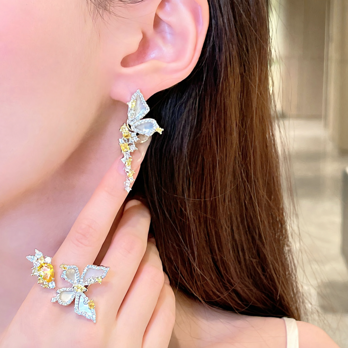Women’s Cinderella Butterfly Jewelry Set with Shell Inlays and Pale Yellow Cubic Zirconia
