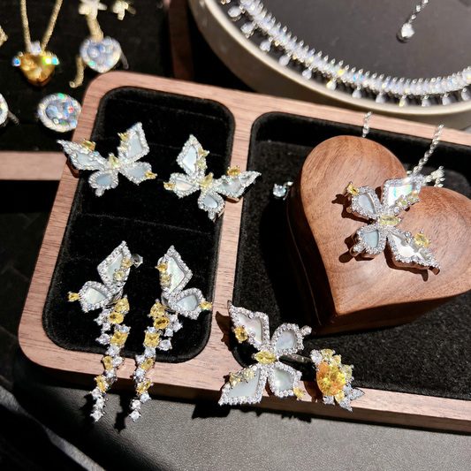 Women’s Cinderella Butterfly Jewelry Set with Shell Inlays and Pale Yellow Cubic Zirconia