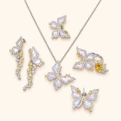 Women’s Cinderella Butterfly Jewelry Set with Shell Inlays and Pale Yellow Cubic Zirconia