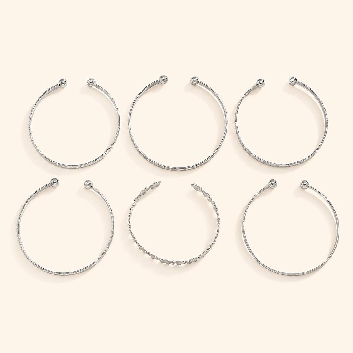 Women’s 6-Piece Textured Bangle Set with Floral, Heart and Star Details