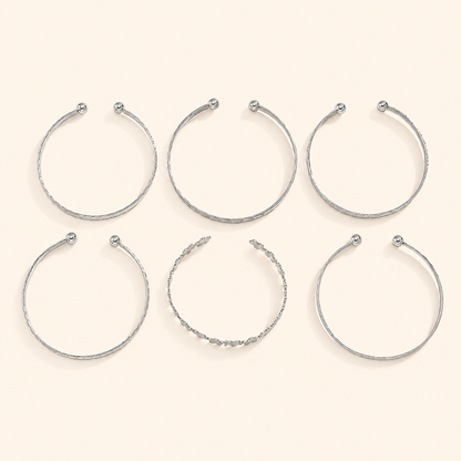 Women’s 6-Piece Textured Bangle Set with Floral, Heart and Star Details