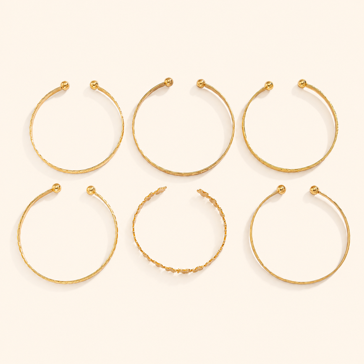 Women’s 6-Piece Textured Bangle Set with Floral, Heart and Star Details