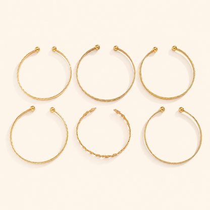 Women’s 6-Piece Textured Bangle Set with Floral, Heart and Star Details