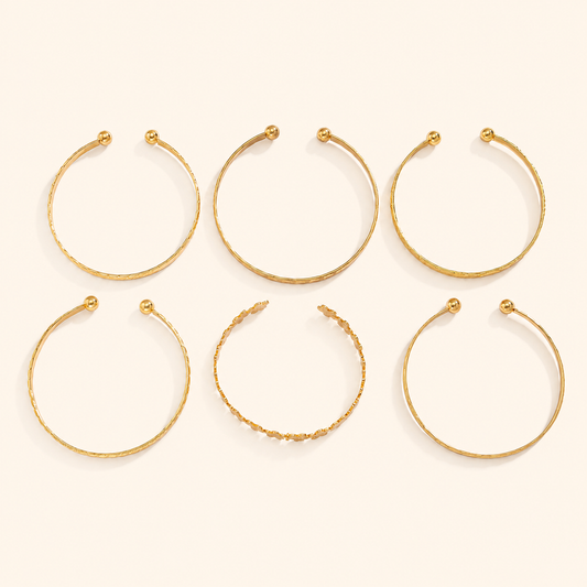 Women’s 6-Piece Textured Bangle Set with Floral, Heart and Star Details