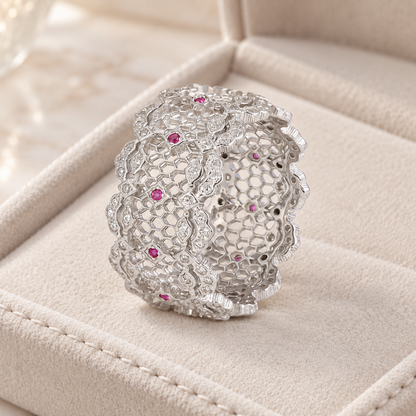 Women’s 925 Sterling Silver Wide Band Ring with Openwork Lace Detail