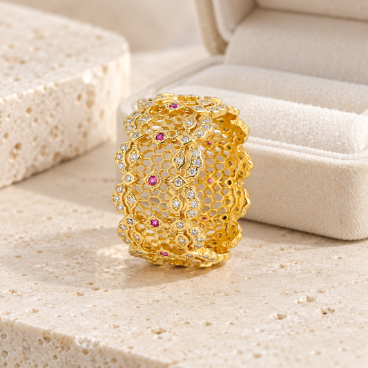 Women’s 925 Sterling Silver Wide Band Ring with Openwork Lace Detail