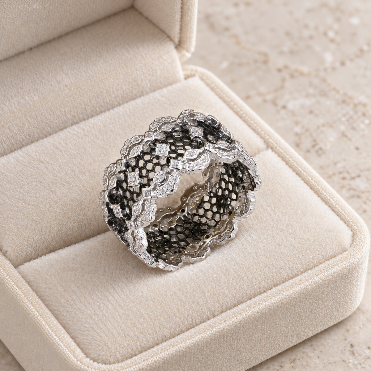 Women’s 925 Sterling Silver Wide Band Ring with Openwork Lace Detail