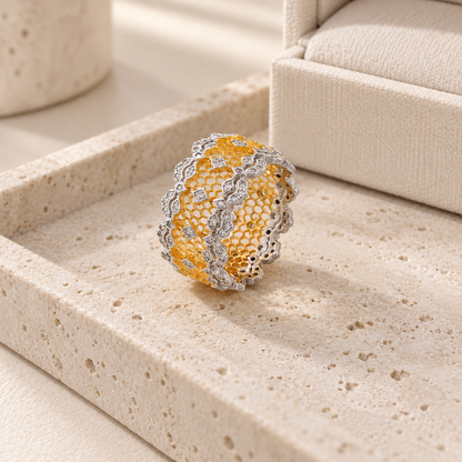 Women’s 925 Sterling Silver Wide Band Ring with Openwork Lace Detail