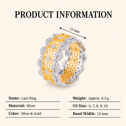 Women’s 925 Sterling Silver Wide Band Ring with Openwork Lace Detail