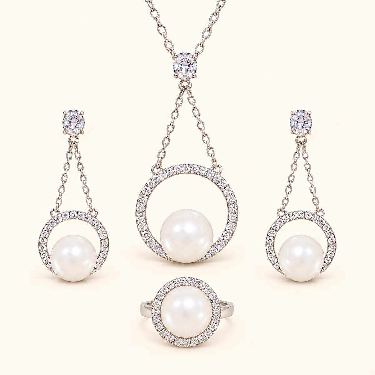 Women’s Elegant White Shell Pearl Necklace, Earrings & Ring Set with Cubic Zirconia Detail