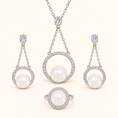 Women’s Elegant White Shell Pearl Necklace, Earrings & Ring Set with Cubic Zirconia Detail
