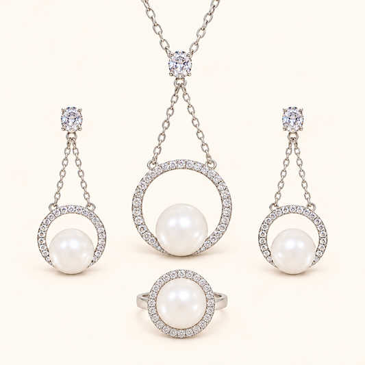 Women’s Elegant White Shell Pearl Necklace, Earrings & Ring Set with Cubic Zirconia Detail