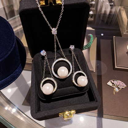 Women’s Elegant White Shell Pearl Necklace, Earrings & Ring Set with Cubic Zirconia Detail