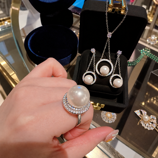 Women’s Elegant White Shell Pearl Necklace, Earrings & Ring Set with Cubic Zirconia Detail