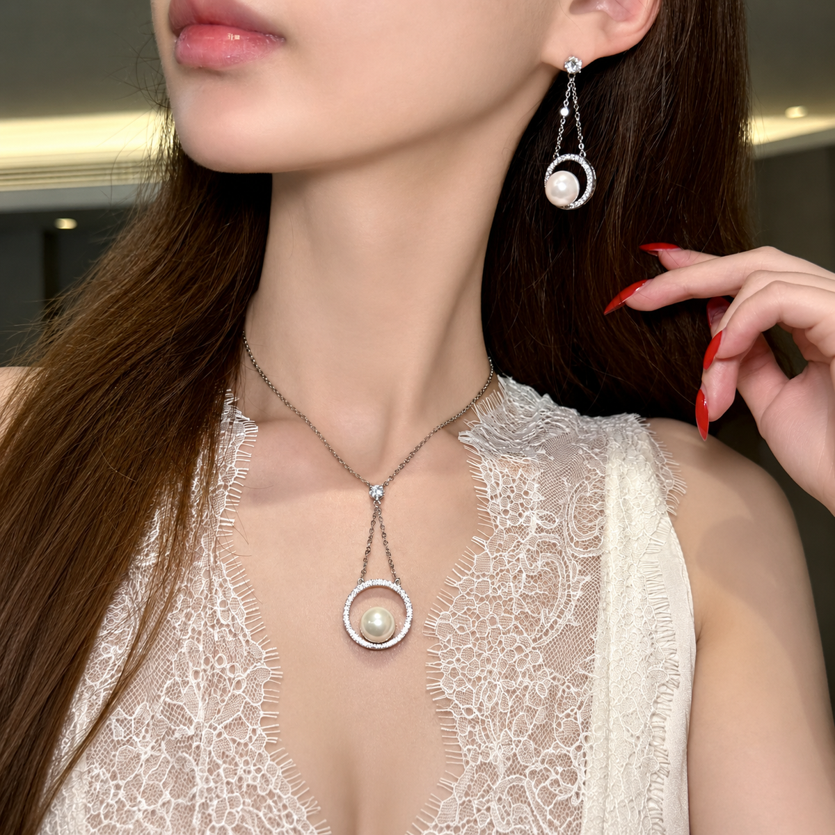 Women’s Elegant White Shell Pearl Necklace, Earrings & Ring Set with Cubic Zirconia Detail