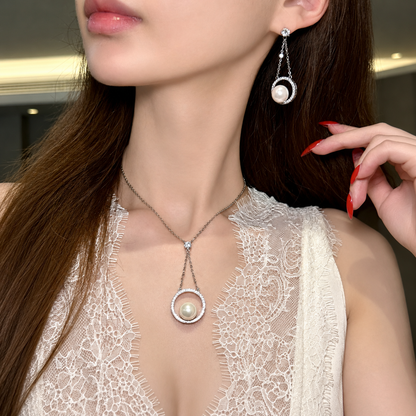 Women’s Elegant White Shell Pearl Necklace, Earrings & Ring Set with Cubic Zirconia Detail