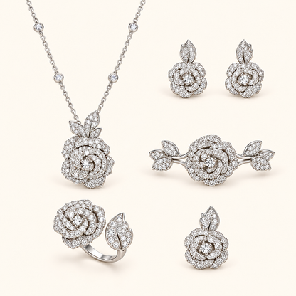 Women’s Elegant Camellia Necklace, Earrings, Bangle & Two-Ring Set with Cubic Zirconia