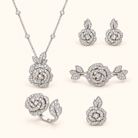 Women’s Elegant Camellia Necklace, Earrings, Bangle & Two-Ring Set with Cubic Zirconia