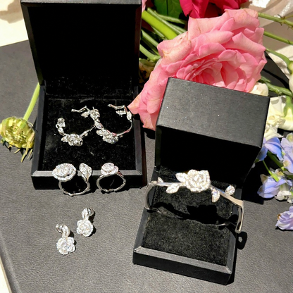 Women’s Elegant Camellia Necklace, Earrings, Bangle & Two-Ring Set with Cubic Zirconia