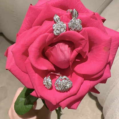Women’s Elegant Camellia Necklace, Earrings, Bangle & Two-Ring Set with Cubic Zirconia