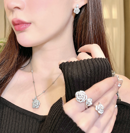 Women’s Elegant Camellia Necklace, Earrings, Bangle & Two-Ring Set with Cubic Zirconia