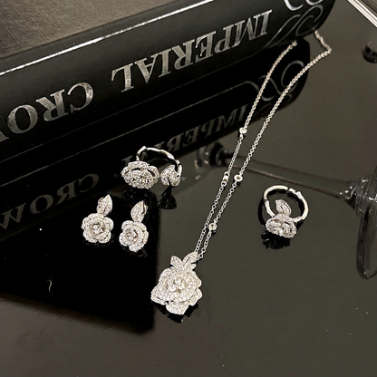 Women’s Elegant Camellia Necklace, Earrings, Bangle & Two-Ring Set with Cubic Zirconia