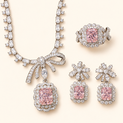 Women’s Romantic Cubic Zirconia Necklace, Earrings & Adjustable Ring Set with Bow Detail