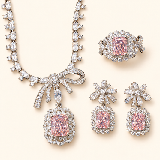 Women’s Romantic Cubic Zirconia Necklace, Earrings & Adjustable Ring Set with Bow Detail