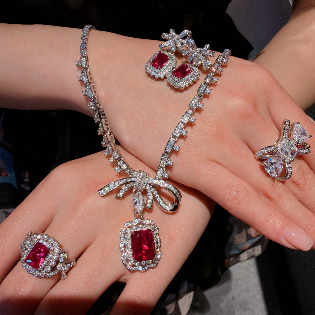 Women’s Romantic Cubic Zirconia Necklace, Earrings & Adjustable Ring Set with Bow Detail