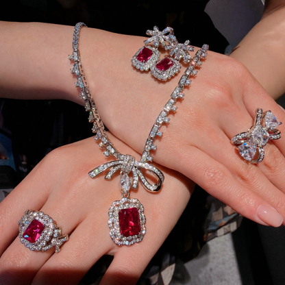 Women’s Romantic Cubic Zirconia Necklace, Earrings & Adjustable Ring Set with Bow Detail