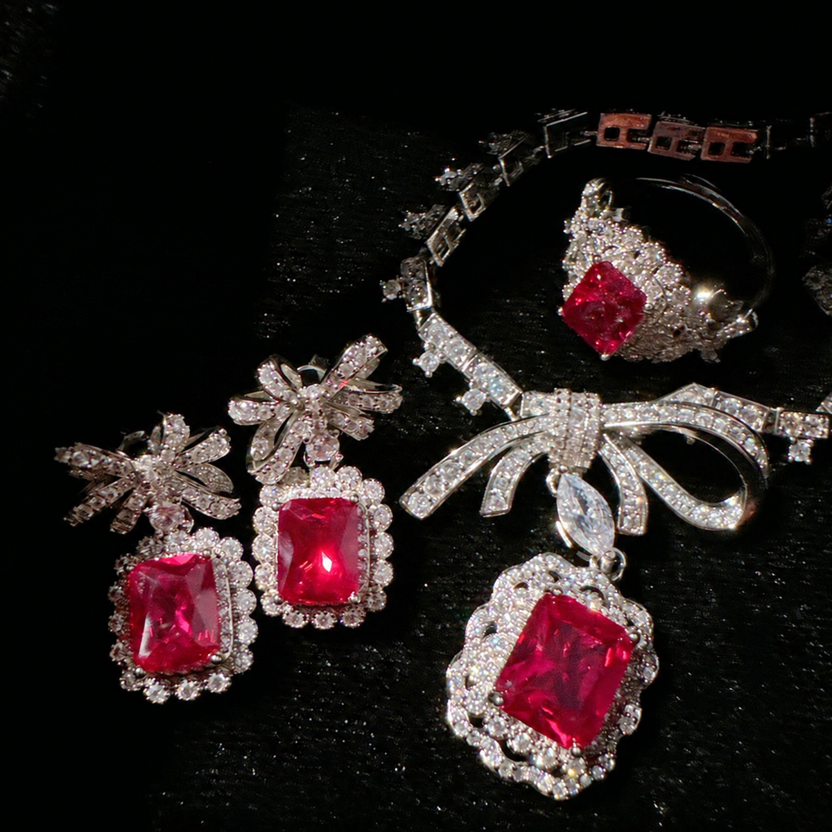 Women’s Romantic Cubic Zirconia Necklace, Earrings & Adjustable Ring Set with Bow Detail