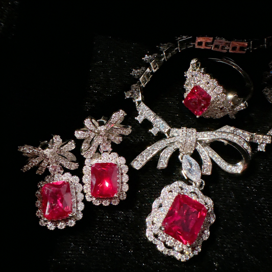 Women’s Romantic Cubic Zirconia Necklace, Earrings & Adjustable Ring Set with Bow Detail