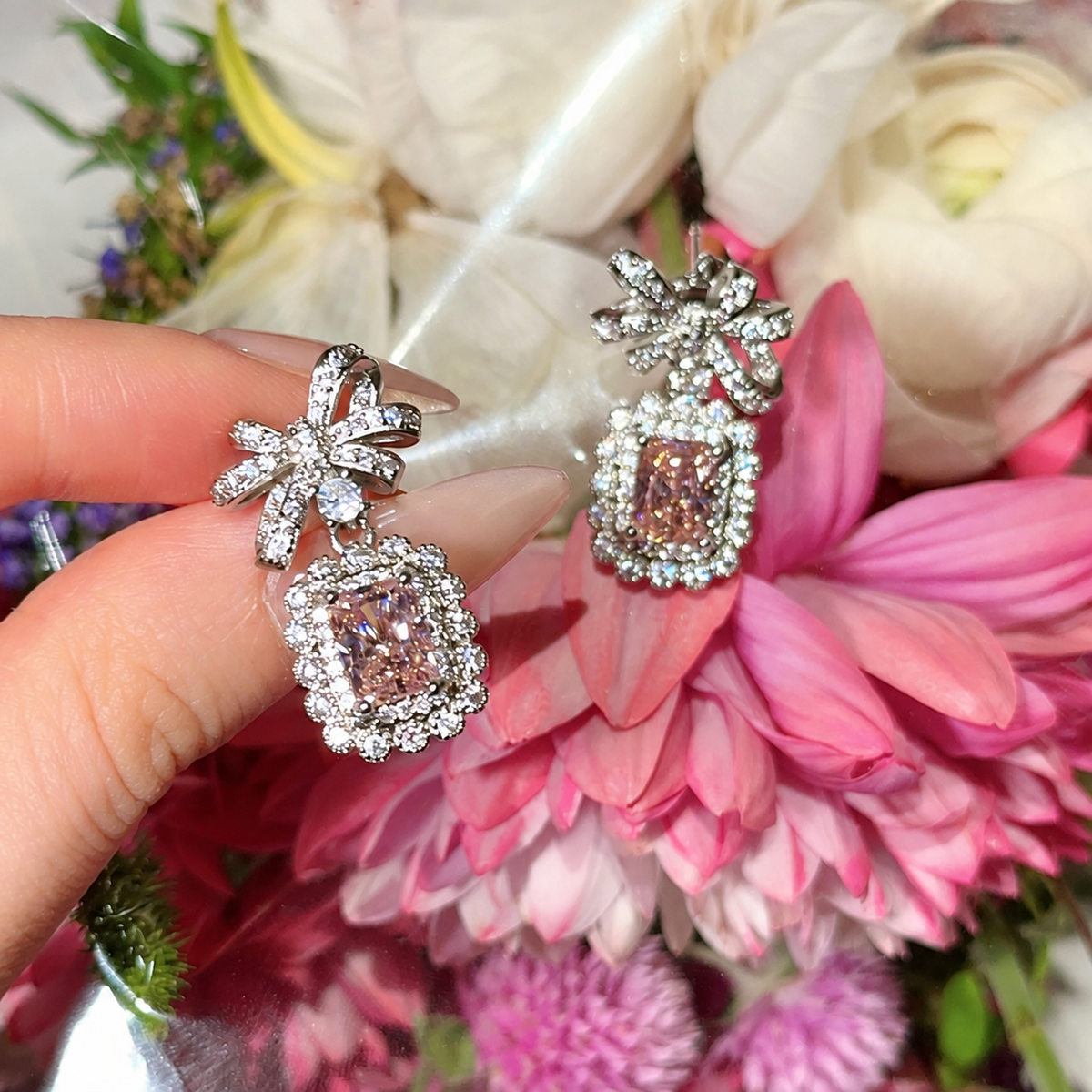 Women’s Romantic Cubic Zirconia Necklace, Earrings & Adjustable Ring Set with Bow Detail
