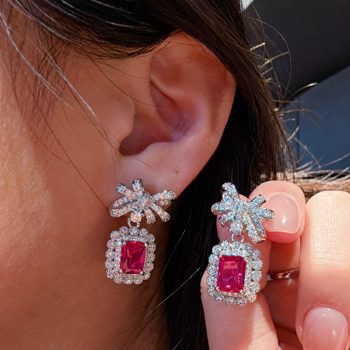 Women’s Romantic Cubic Zirconia Necklace, Earrings & Adjustable Ring Set with Bow Detail