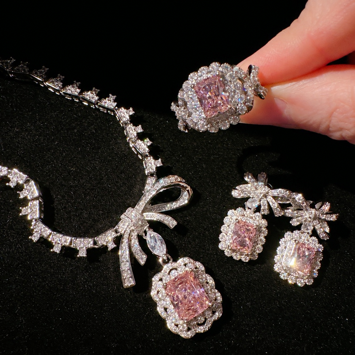 Women’s Romantic Cubic Zirconia Necklace, Earrings & Adjustable Ring Set with Bow Detail