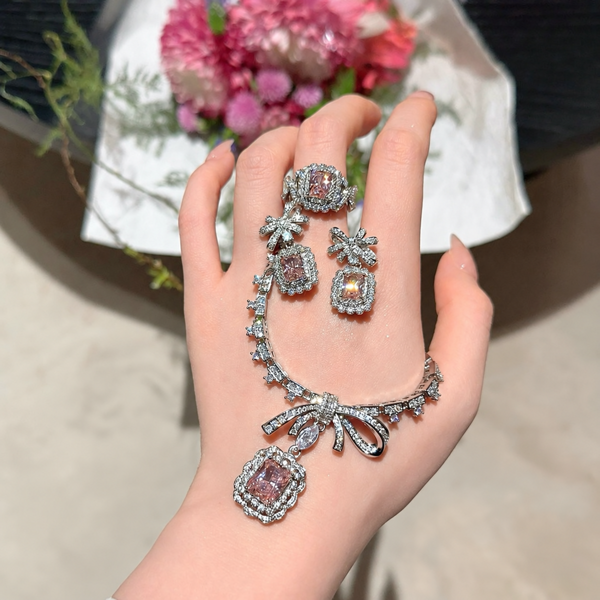 Women’s Romantic Cubic Zirconia Necklace, Earrings & Adjustable Ring Set with Bow Detail