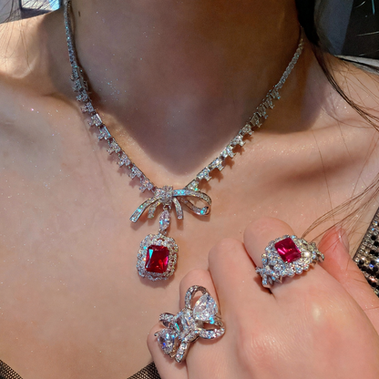 Women’s Romantic Cubic Zirconia Necklace, Earrings & Adjustable Ring Set with Bow Detail