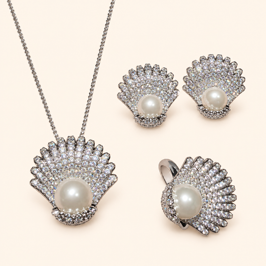 Women’s Elegant Pearl & Cubic Zirconia Necklace, Earrings & Adjustable Ring Set with Scallop Shell Design