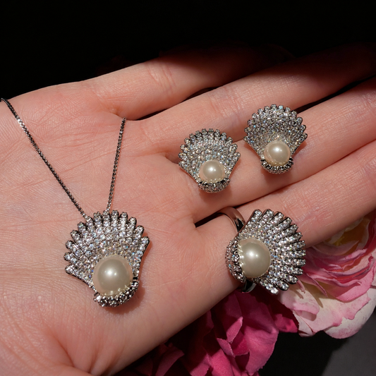 Women’s Elegant Pearl & Cubic Zirconia Necklace, Earrings & Adjustable Ring Set with Scallop Shell Design