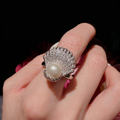 Women’s Elegant Pearl & Cubic Zirconia Necklace, Earrings & Adjustable Ring Set with Scallop Shell Design