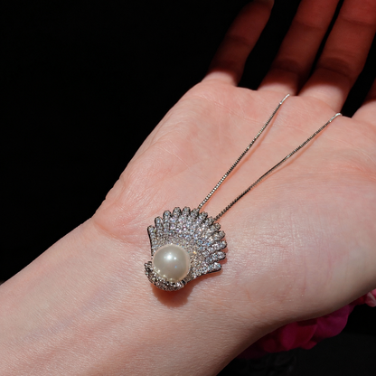 Women’s Elegant Pearl & Cubic Zirconia Necklace, Earrings & Adjustable Ring Set with Scallop Shell Design