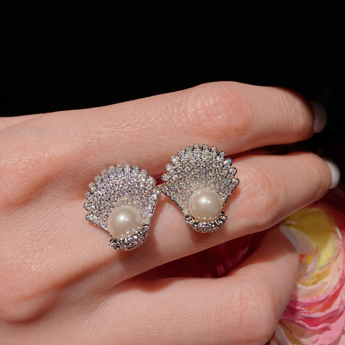 Women’s Elegant Pearl & Cubic Zirconia Necklace, Earrings & Adjustable Ring Set with Scallop Shell Design