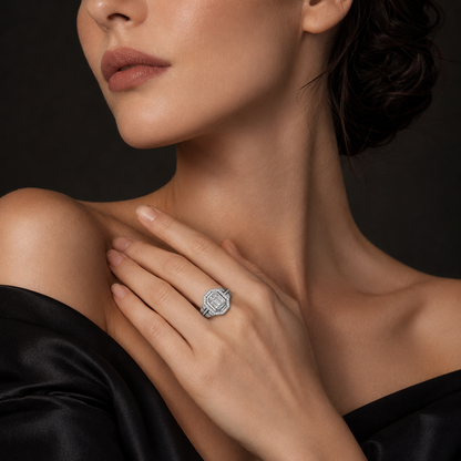 925 Sterling Silver Geometric Halo Crystal Statement Ring