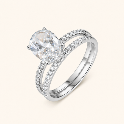 Women’s S925 Sterling Silver Oval Moissanite Two-Piece Stackable Ring Set, 7×10 mm