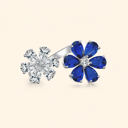 S925 Sterling Silver Adjustable Double Flower Ring with High-Carbon Stone Accents
