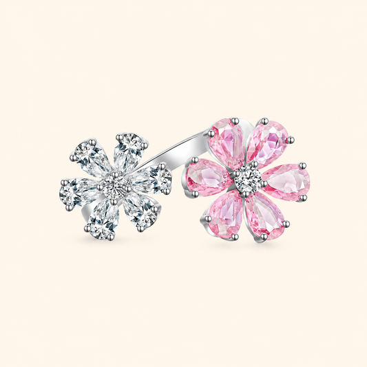 S925 Sterling Silver Adjustable Double Flower Ring with High-Carbon Stone Accents