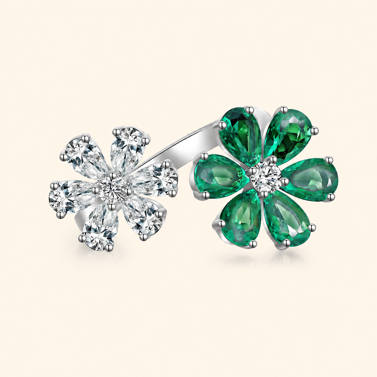 S925 Sterling Silver Adjustable Double Flower Ring with High-Carbon Stone Accents