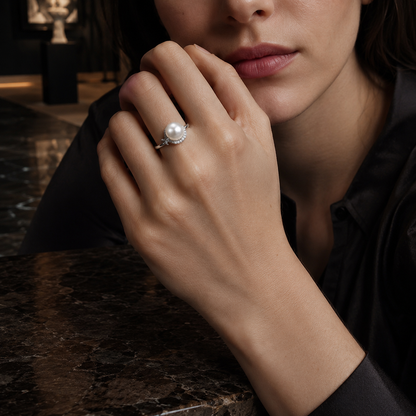 Women’s 925 Sterling Silver Adjustable Pearl Crown Ring with Cubic Zirconia Detail