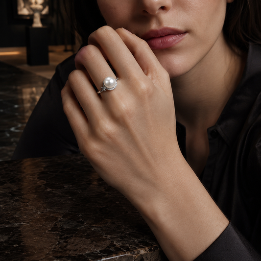 Women’s 925 Sterling Silver Adjustable Pearl Crown Ring with Cubic Zirconia Detail