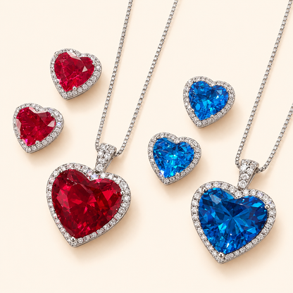 Women’s Romantic Heart-Cut Cubic Zirconia Pendant Necklace & Earrings Set with Halo Detail